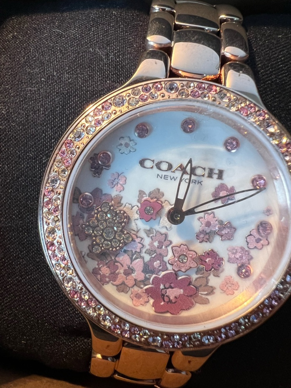 Coach Floral Crystal Bezel Silver-Tone Women's Watch with Pink Accents